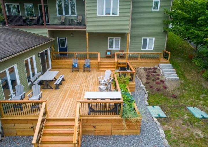 A new natural wood deck in a backyard