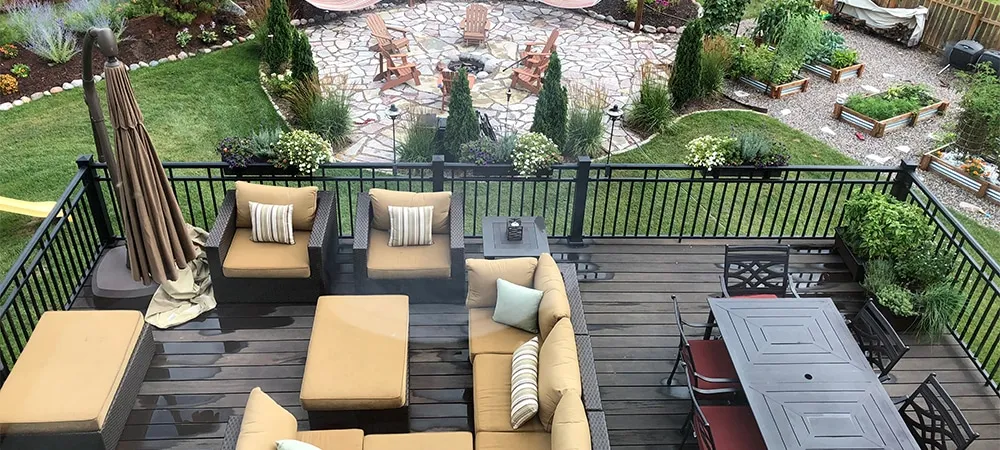 sitting area on deck in backyard lawn