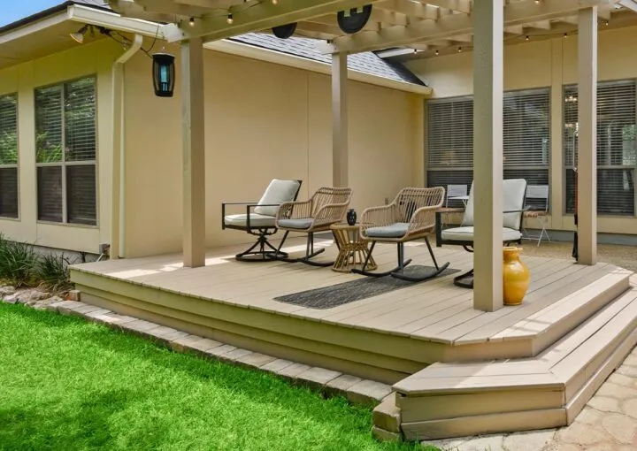 new stylish deck in backyard