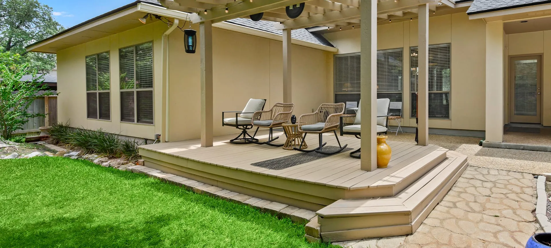 new stylish deck in backyard