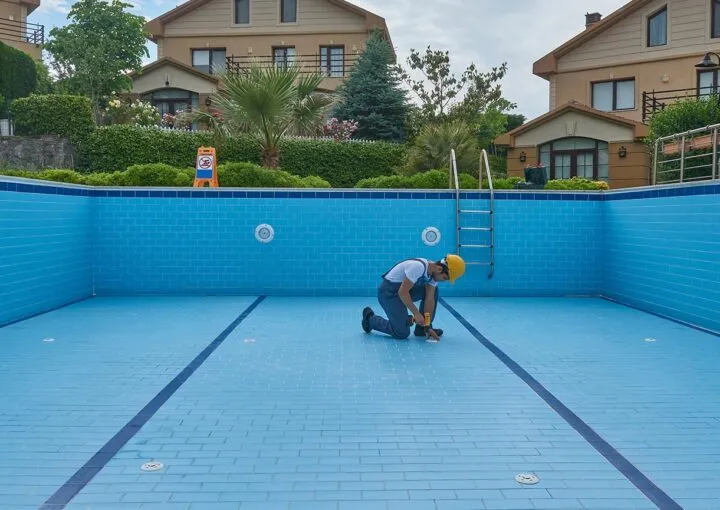 repairman is repairing pool with equipment