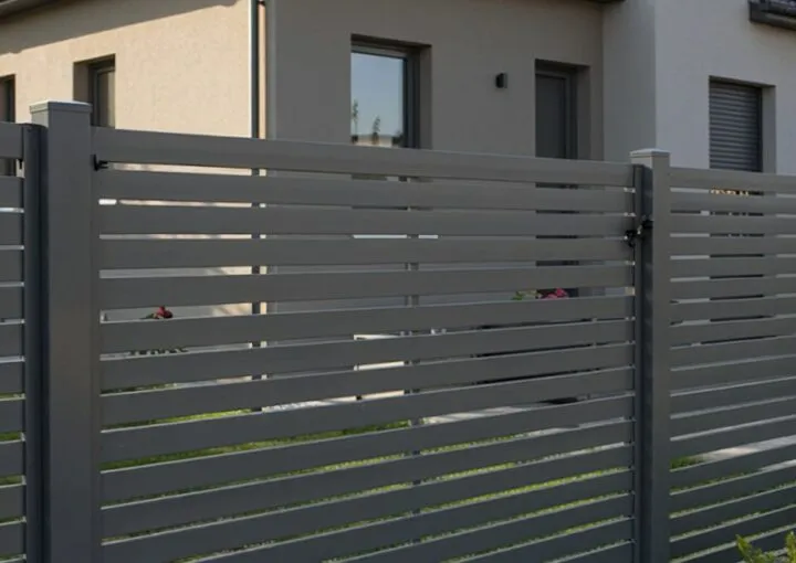 outdoor photo of modern gray aluminum fence in front of a modern small villa on a sunny day