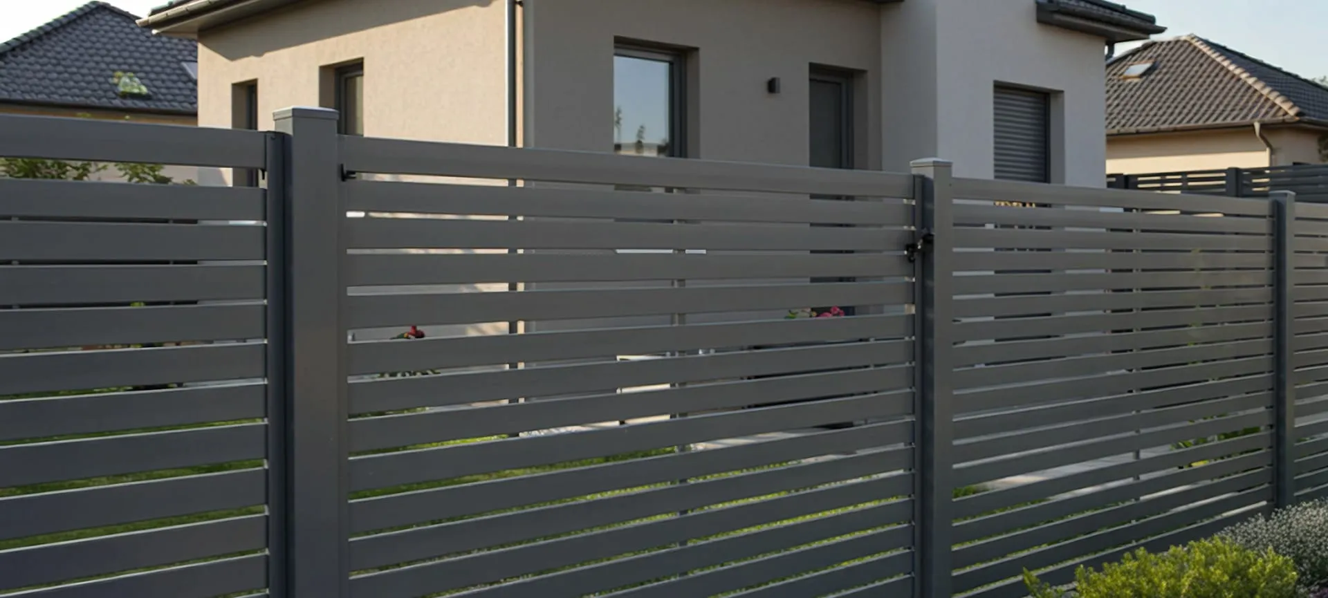 outdoor photo of modern gray aluminum fence in front of a modern small villa on a sunny day