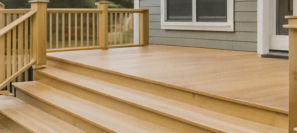 Light TimberTech deck with wide steps and wooden railing in front of gray house.
