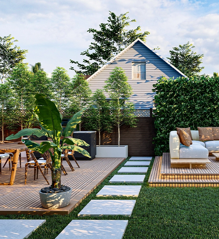 3d randering wooden deck, landscaping with interlock steps and fence