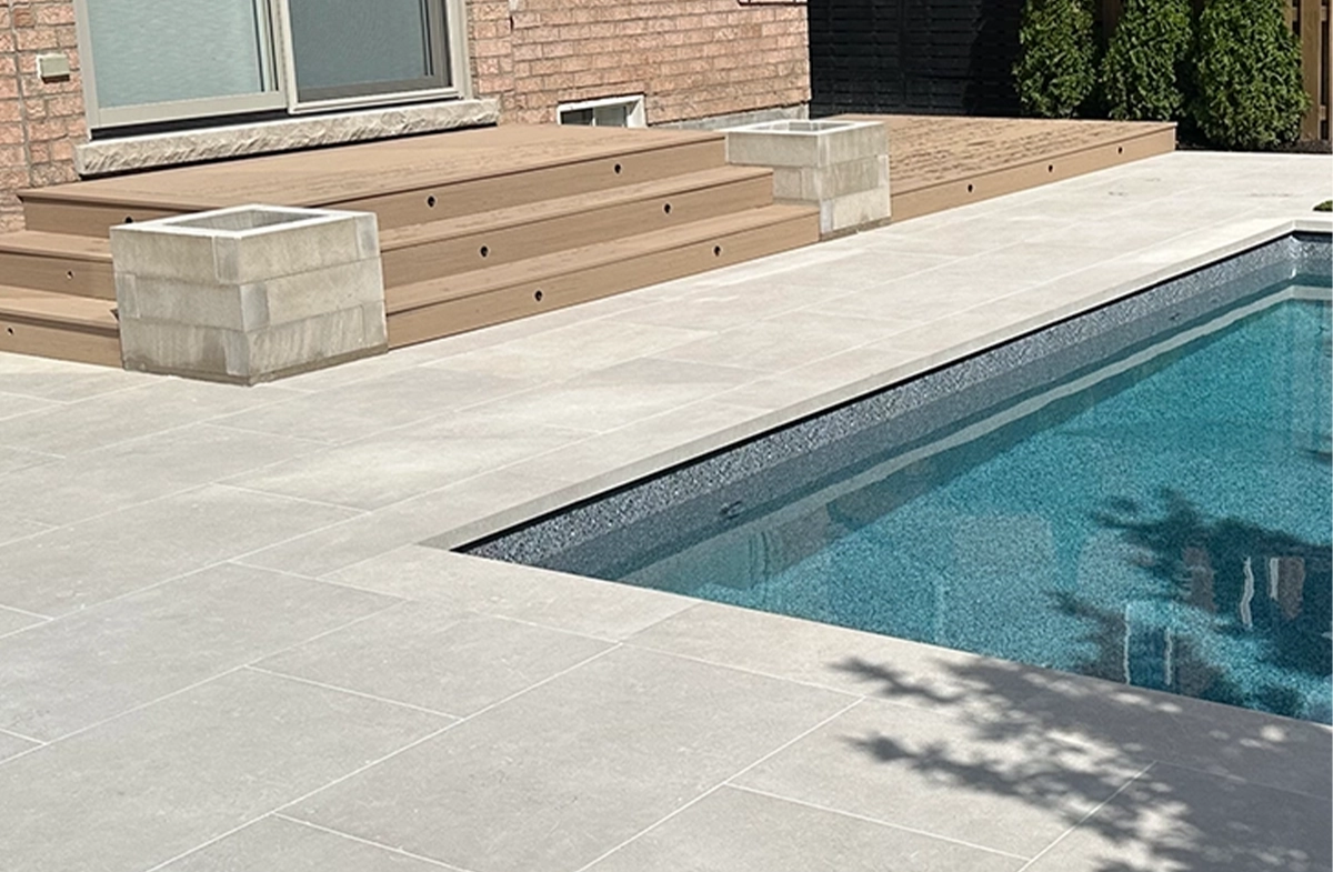 in backyard pool and deck in backyard pool and deck