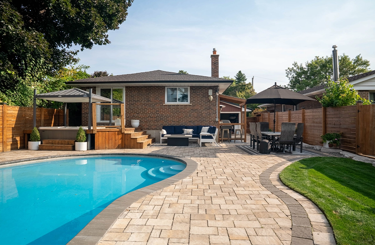 interlock patio pool with sodding in backyard