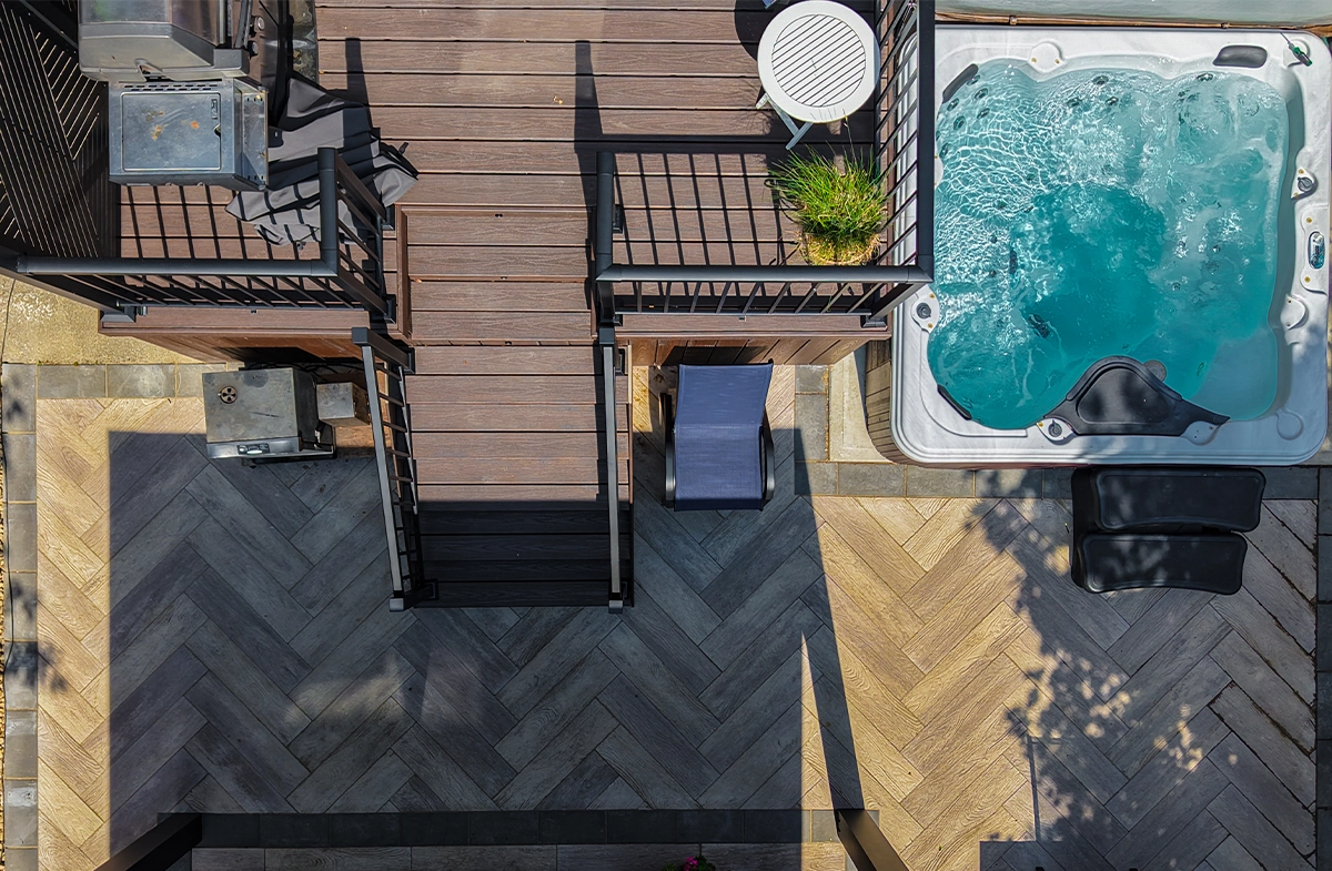 top view of bathtub beside deck and interlocking floor top view of bathtub beside deck and interlocking floor