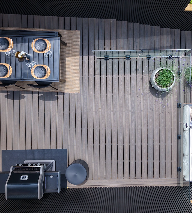 top view of new backyard wooden deck top view of new backyard wooden deck