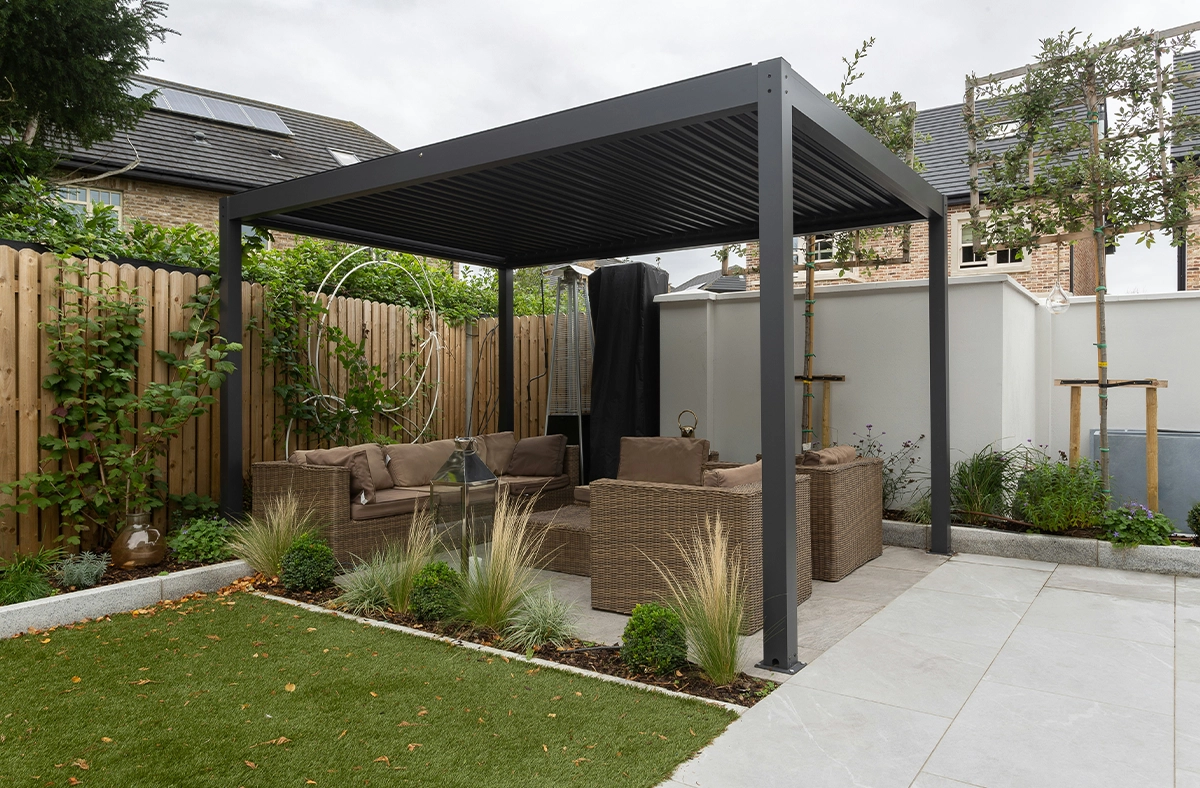 accessory structure cabana in backyard lawn accessory structure, sitting setup under cabana in backyard lawn