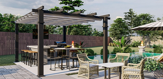 accessory structures image eight accessory structures, open kitchen in backyard with pool deck