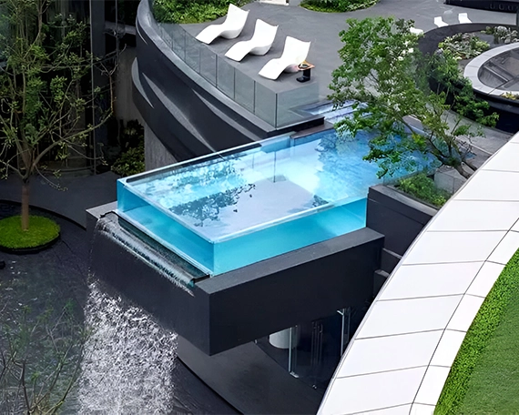 top view of acrylic and glass walled above ground pool