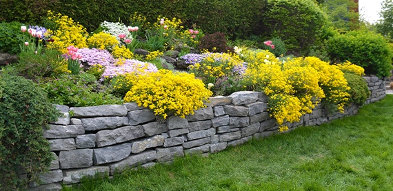 armour stone retaining wall image two small armour stone retaining wall prevent soil erosion and flowers