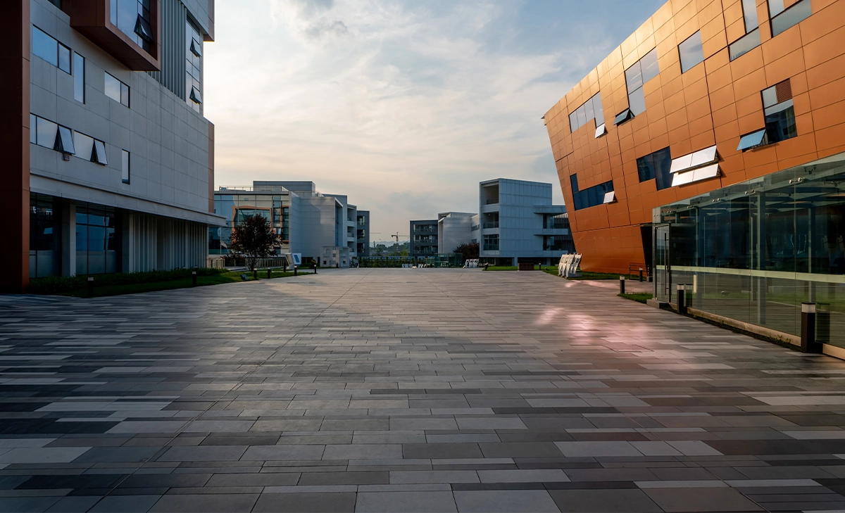 aesthetic design asphalt paving commercial road between modern buildings
