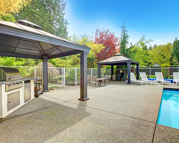 cabana image seven bbq setup covered under patio cover, cabana, concrete pool deck