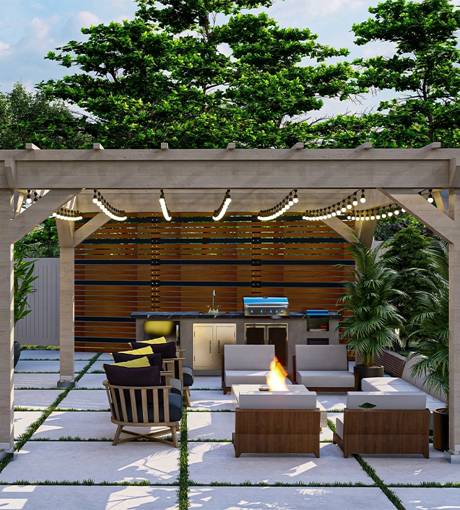 cabana with outdoor kitchen lighting bulb hanged on cabana inside roof, open kitchen, 3d rendering