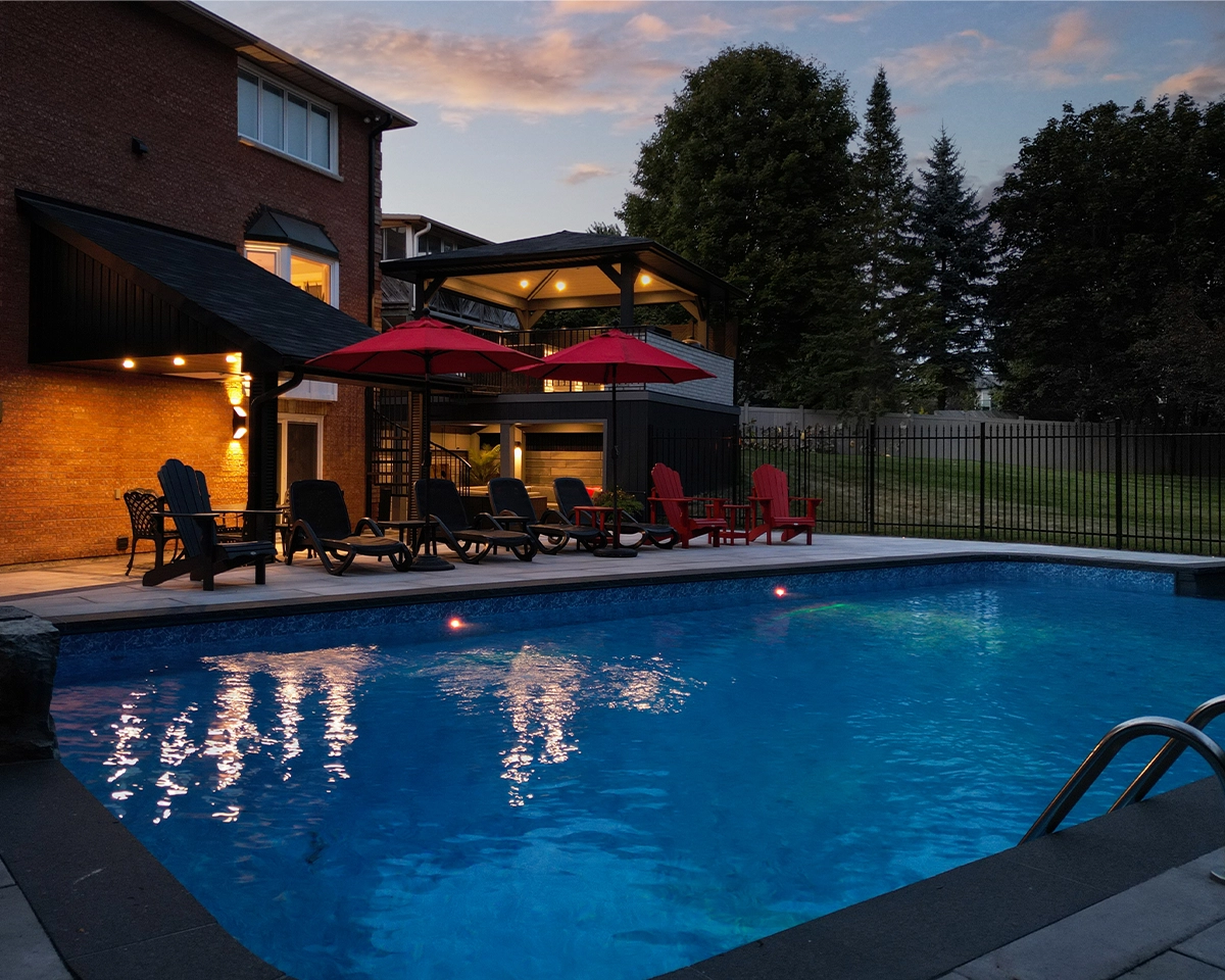 close up view of pool, in backyard custom carpentry and sitting setup