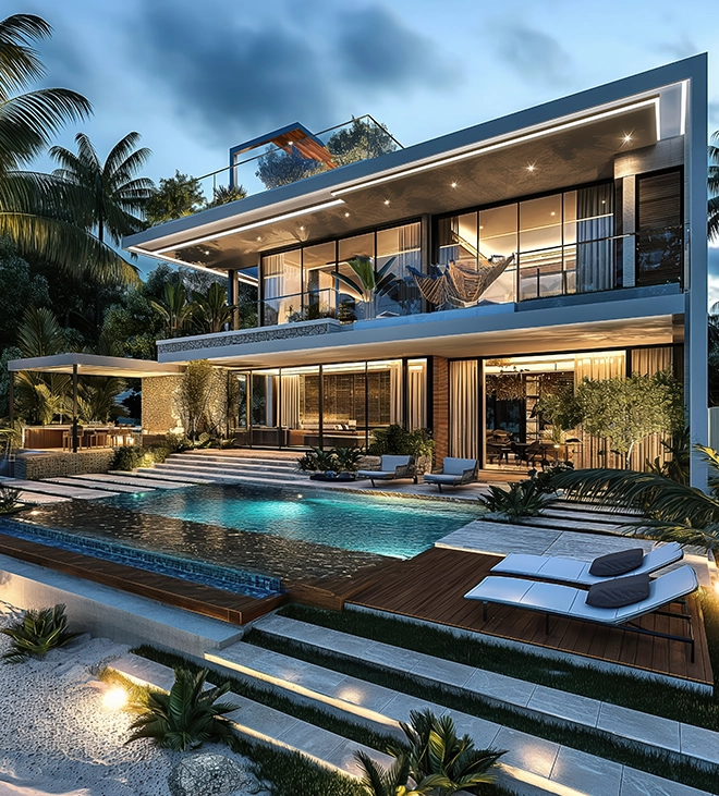 customizable commercial swimming pool in front of luxury building