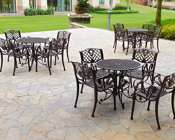 gathering sitting setup on flagstone patio