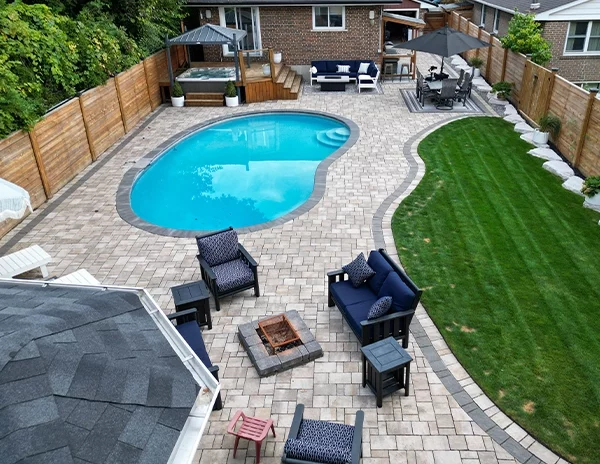 full backyard top view complete setup, interlocking around pool