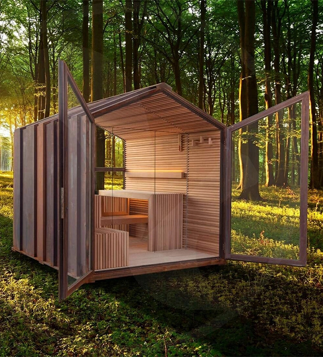 outdoor sauna full view in forest, sauna double door opened