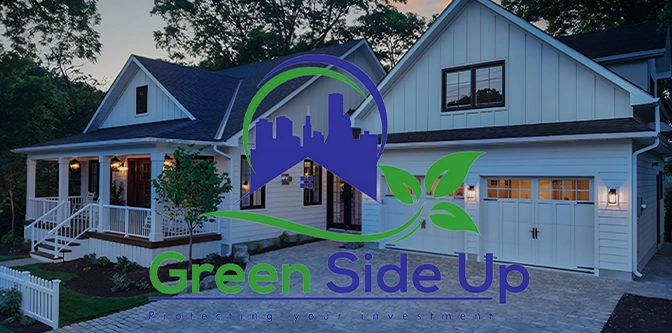 gsu log on center and in background home side driveway and double door custom garage