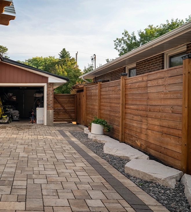 horizontal total privacy fence, interlocking walkway
