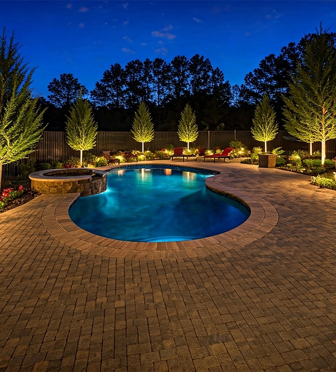 interlock patio around pool night view interlock patio around pool night view and landscaping with lighting feature