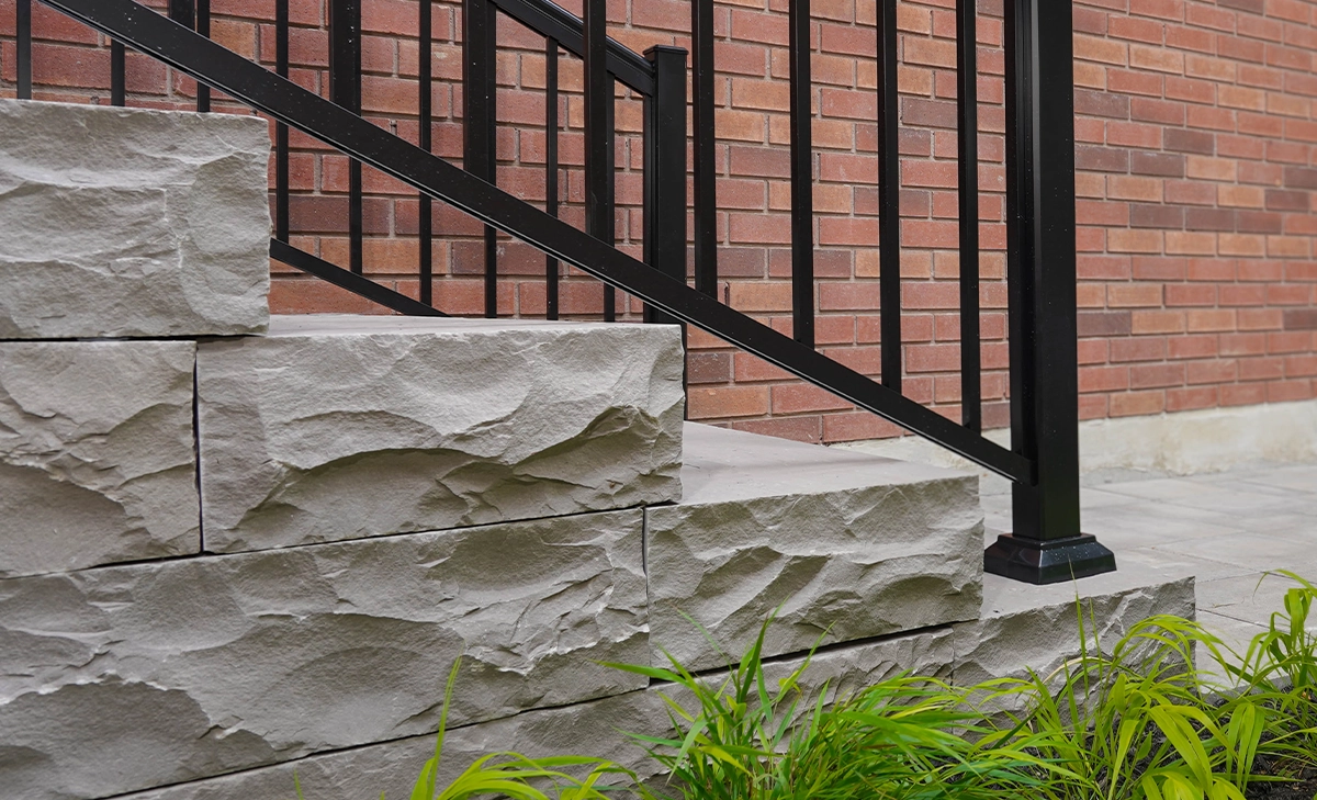 close up view of interlock steps and aluminium railing