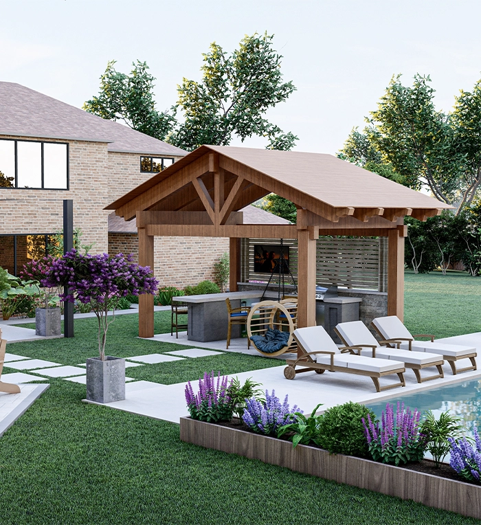 large backyard with gazebo, pool, deck, and 3d landscaping design