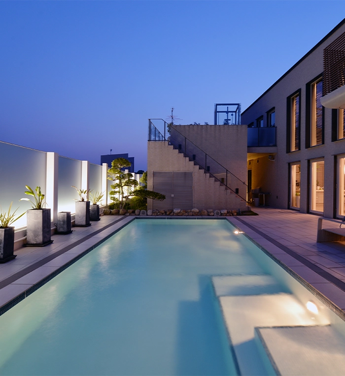 lighting feature in salt water pool and behind plants, home backyard space