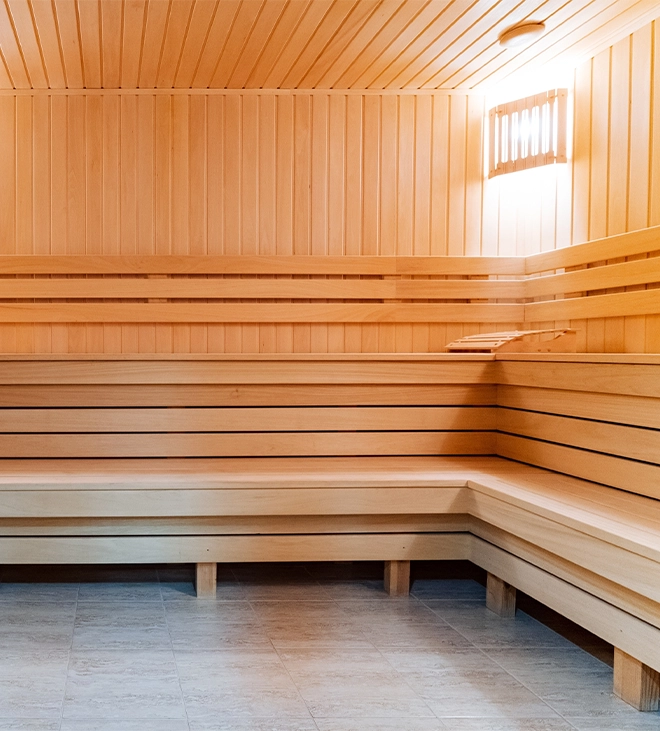 corner lighting in outdoor sauna, temperature control sensor and sitting bench