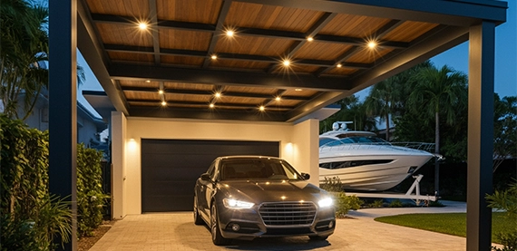 metal aluminum carport with lighting feature modern metal pergola carport in front of the garage with a yacht, reflecting comfort, be cozy and have LED lights on the roof, wood paneled ceiling
