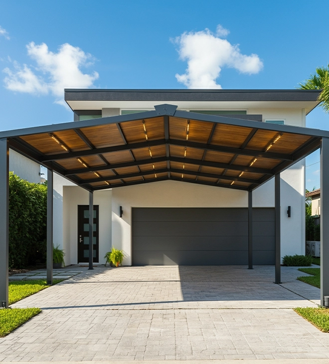 modern metal pergola carport in front of the garage modern metal pergola carport in front of the garage that reflects comfort, be cozy and have LED lights on the ceiling, wood paneled ceiling