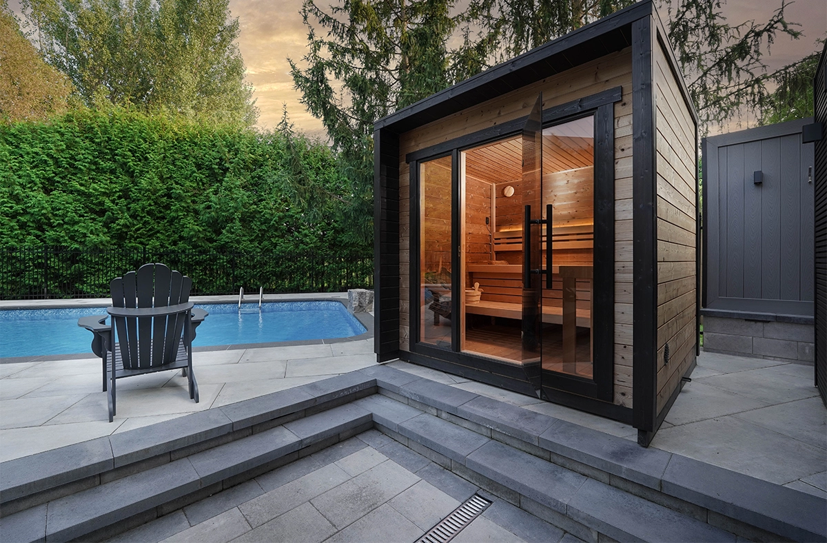 multi level interlocking surface around pool multi level interlocking surface around pool in backyard, close up view of sauna