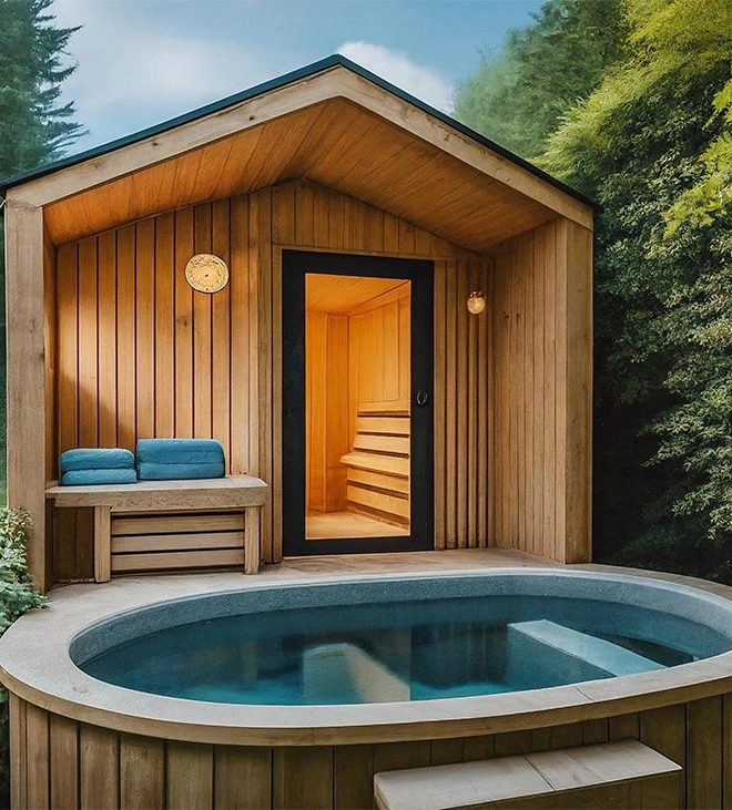 modern outdoor sauna with plunge pool and sitting bench outside