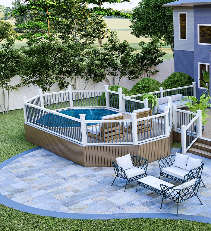 plunge pool with deck and railing. sitting setup in interlocking patio, home back yard view