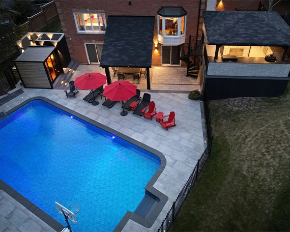 interlocking surface around pool. full backyard top view