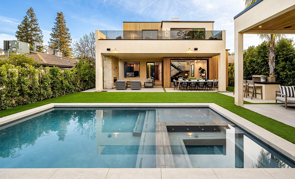 salt water swimming pool in home backyard