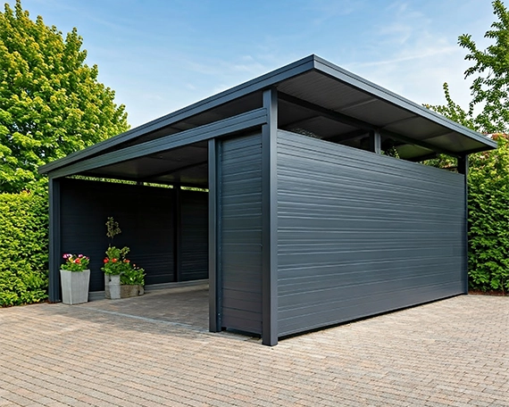 sleek anthracite aluminum carport sleek anthracite aluminum carport, single aluminum side wall, adjacent garden shed, driveway leading up, warm daylight lighting, modern German house with garden shed directly beside the carport, beautiful modern garden, lush greenery, vibrant flowers