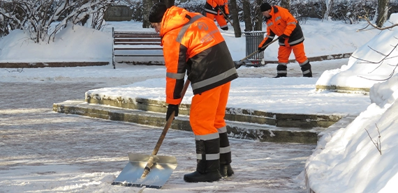 snow removal team removing snow from walkways