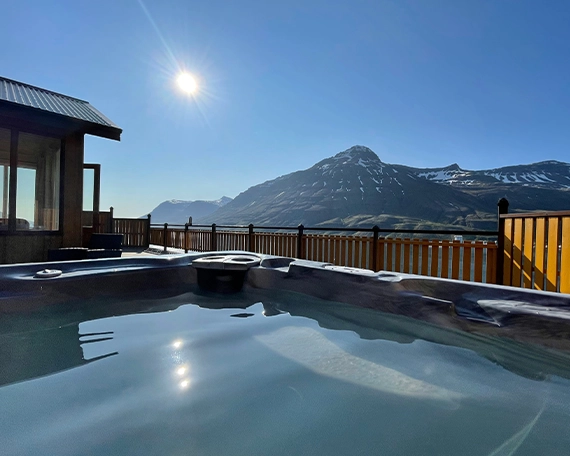 swim spa in outdoor sun light and mountains in background