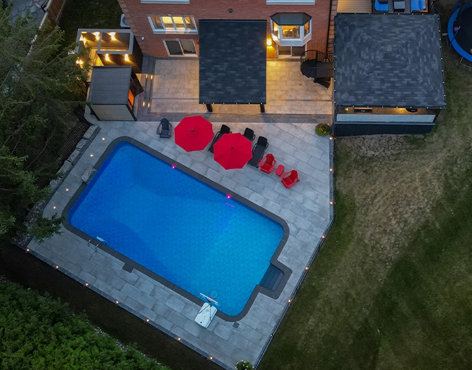 interlocking surface around pool. full backyard top view