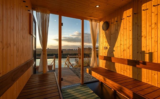 two person outdoor sauna inside view, sun light coming inside from door
