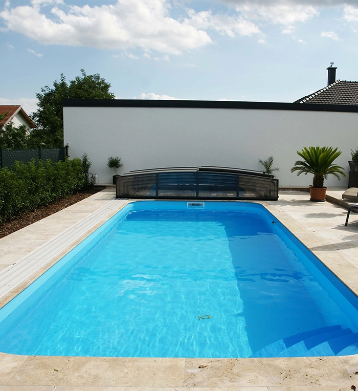 vinyl pool with pool cover, titles floor in backspace