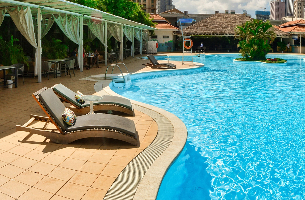 water drainage system pool copying, sitting and gathering setup around commercial swimming pool