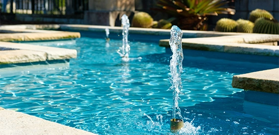 waterfall features in swimming pool close up view