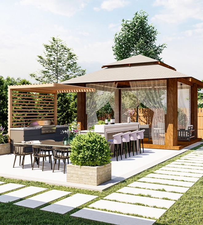 well designed accessory structure well designed accessory structure, outdoor kitchen with sitting setup, 3d landscape design