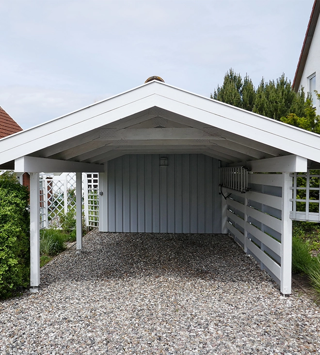 white paint wooden carport in home backyard white paint wooden carport in home backyard