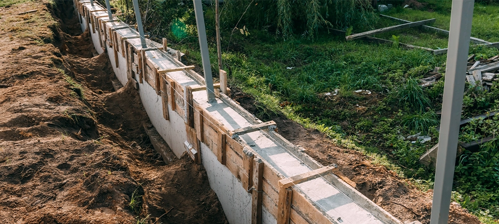 Timber formwork with metal reinforcement with pour concrete and creating a solid foundation for a building or fence. Construction process. Building the retaining wall. Side view. Nobody. Copy space
